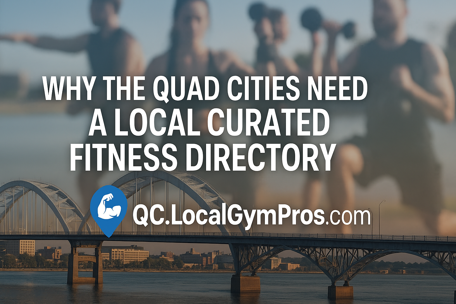 Photorealistic view of the iconic Quad Cities bridge with blurred background of local fitness events, symbolizing community health, wellness, and active living in the Quad Cities area.