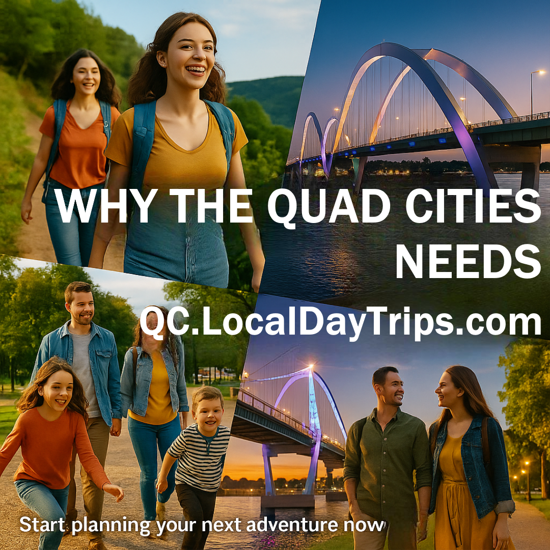 Collage of smiling families and friends exploring nature and city attractions in the Quad Cities, with the iconic lighted arch bridge at night, promoting QC.LocalDayTrips.com for local travel and adventure planning.