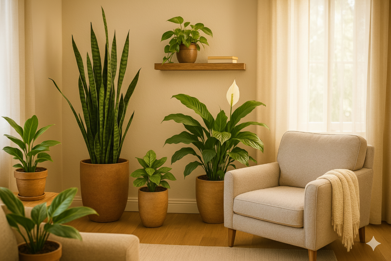 a collection of indoor potted plants helping clean the air of a house