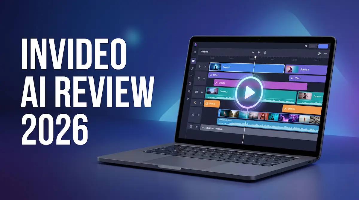 Laptop showing an AI video editor illustrating a 2026 InVideo AI review