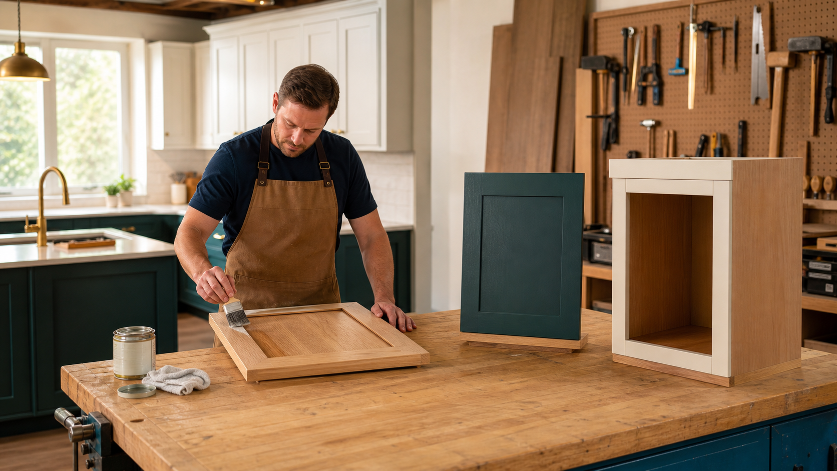 Craftsperson comparing refinished, refaced and replacement cabinet options