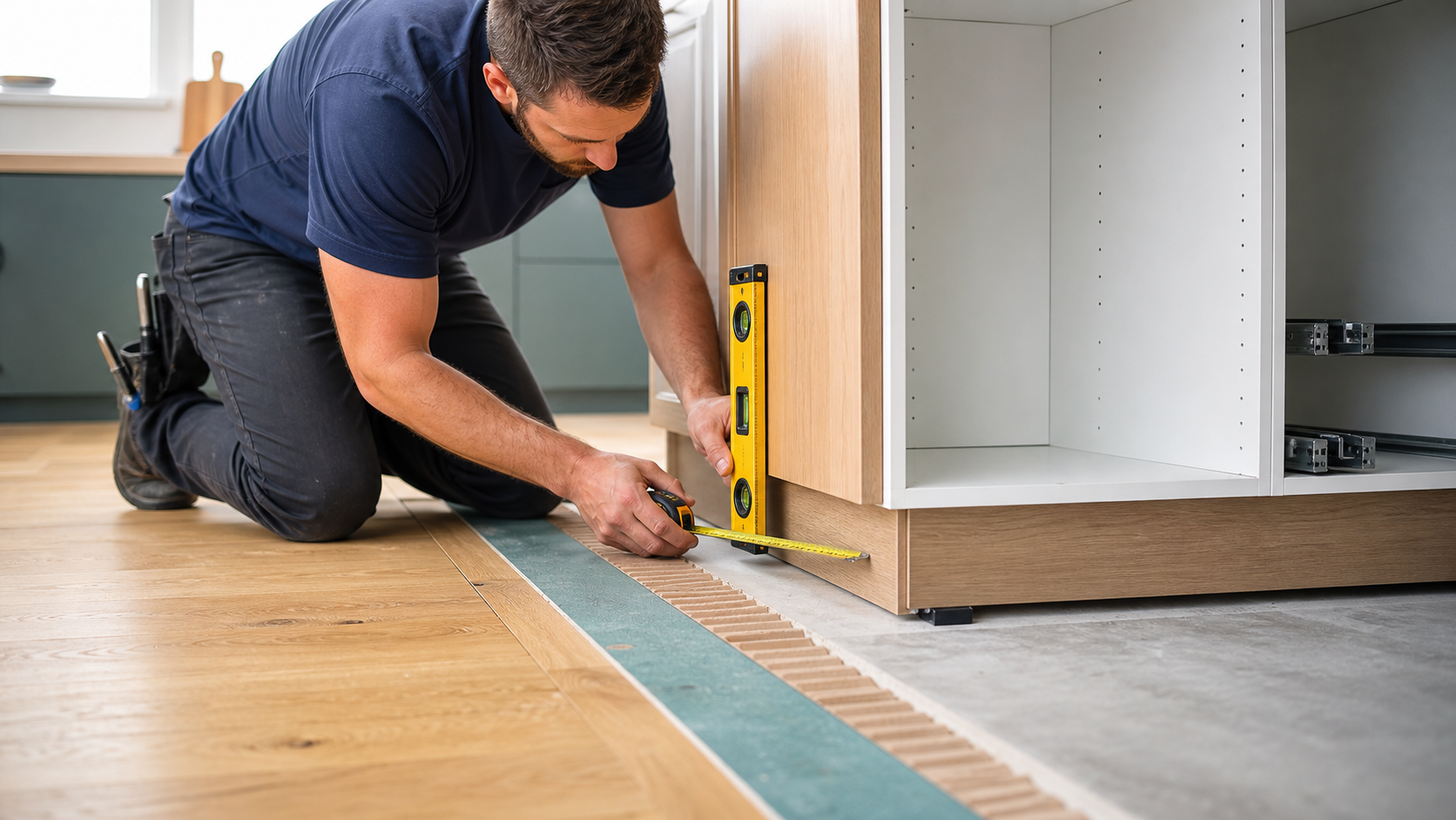 Installer measuring the finished-floor height beside a kitchen cabinet base