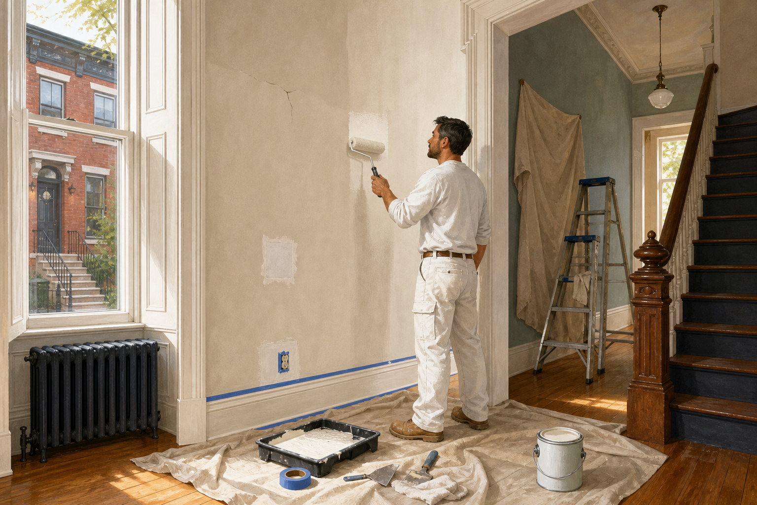 Professional painter preparing and painting a plaster wall inside a classic Philadelphia rowhome, with drop cloths, repair tools, a tall staircase, and brick rowhouses visible through the window.