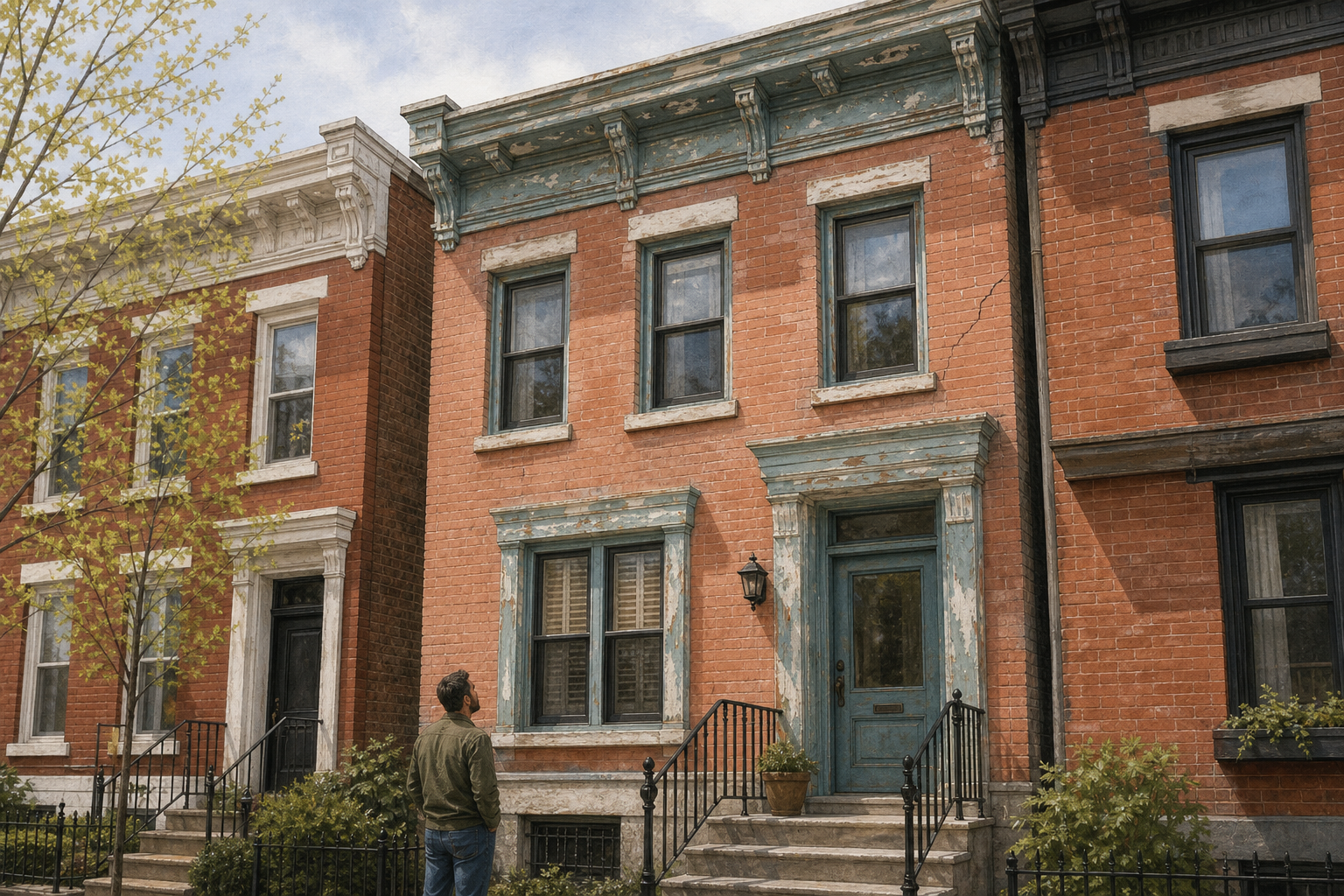 Homeowner inspecting peeling blue-green trim and a weathered cornice on a brick Philadelphia rowhome.