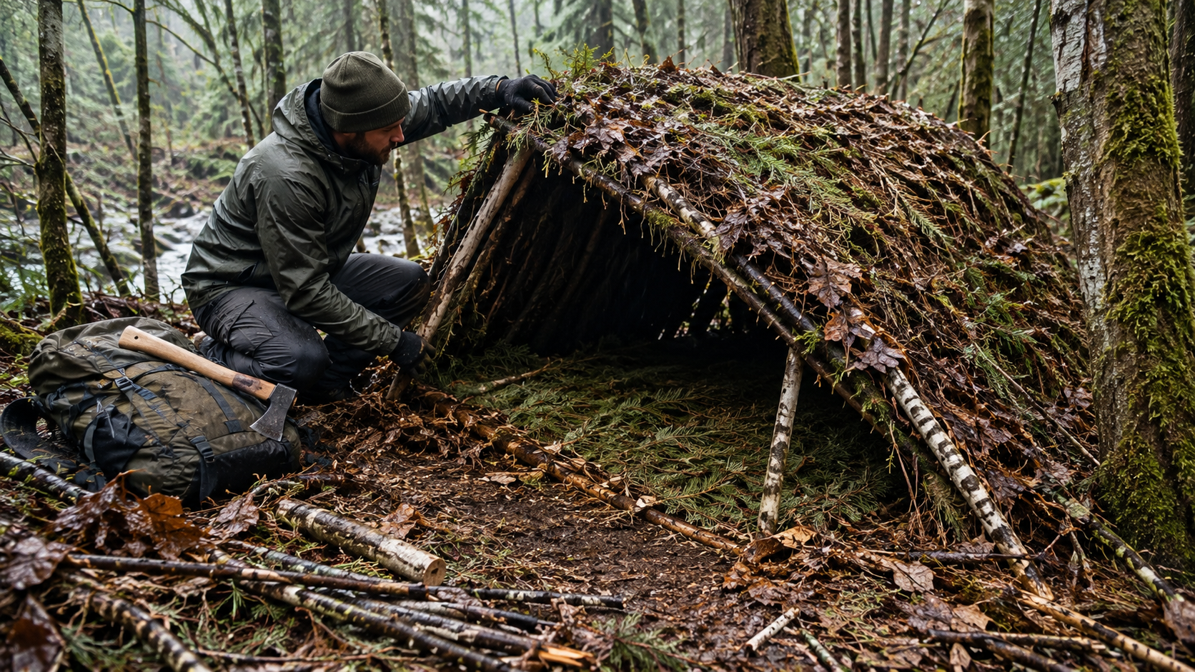 Misty Woodland Lean-To Shelter Building