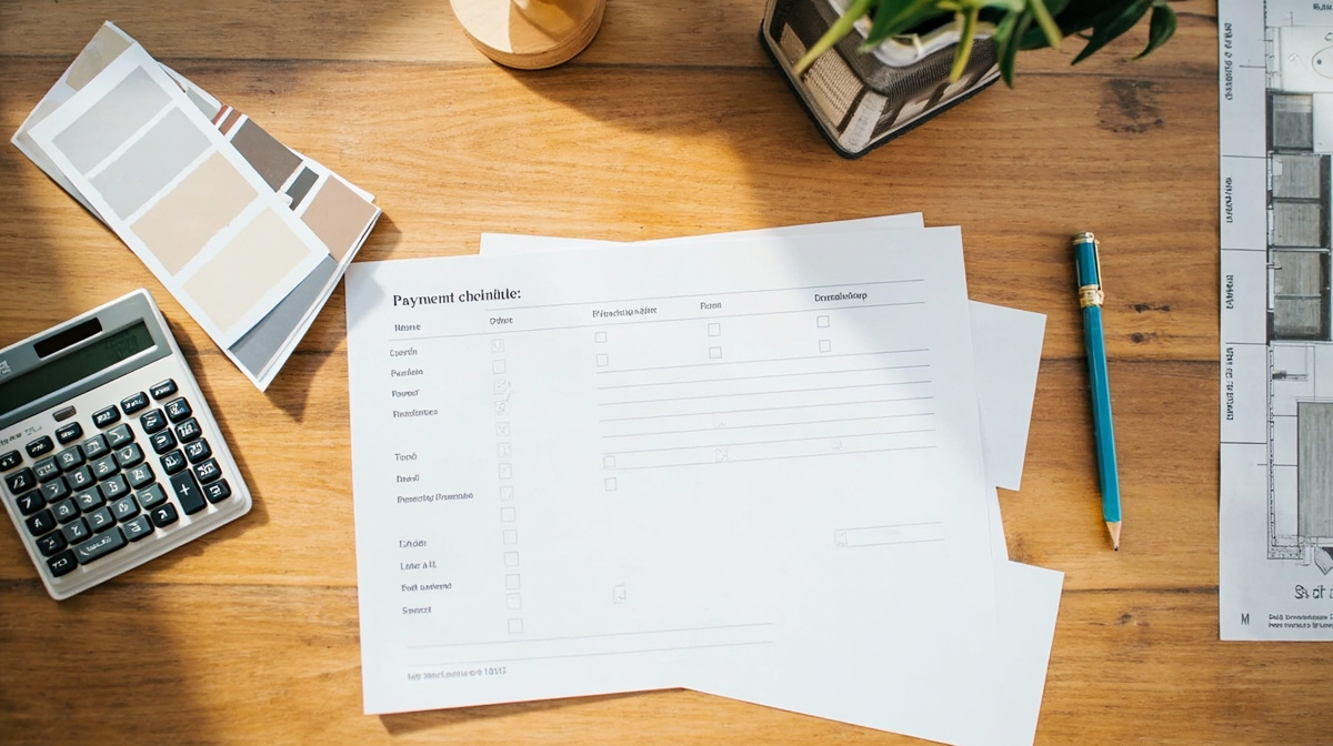 Kitchen remodel payment schedule planning table with calculator, milestones, and material samples