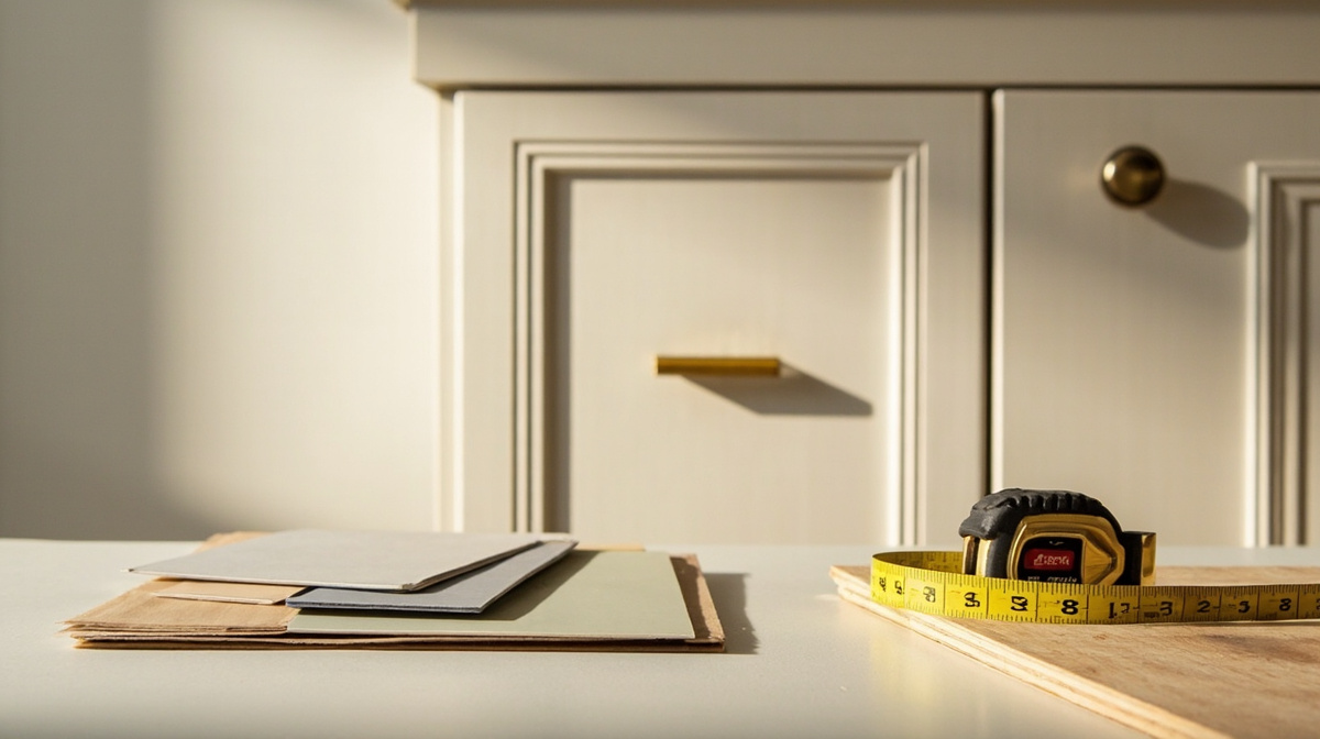 Cabinet refacing cost planning with shaker doors, hardware, and finish samples
