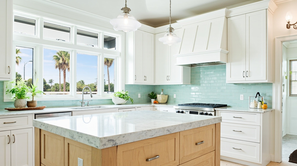 Bright coastal Tampa kitchen renovation with white oak cabinets and blue-green backsplash