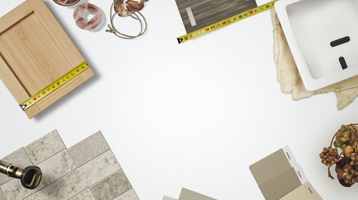 Kitchen renovation planner with floor plan, measuring tape, cabinet, tile, faucet, and color samples