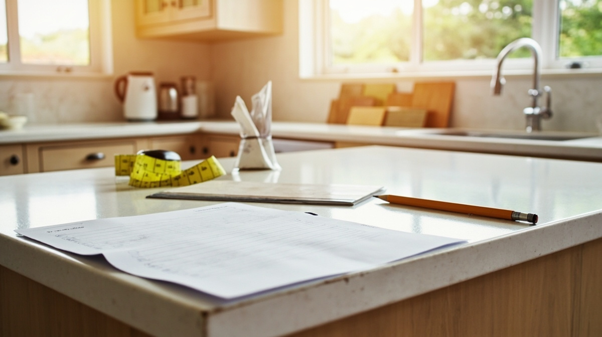 Kitchen remodel checklist with project documents, measuring tape, cabinet sample, tile swatches, and pencil