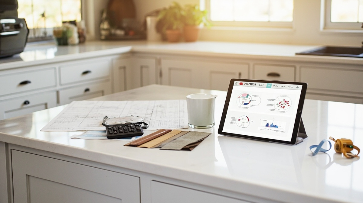 Kitchen remodel knowledge base with material samples, floor plan, calculator, and project research tools