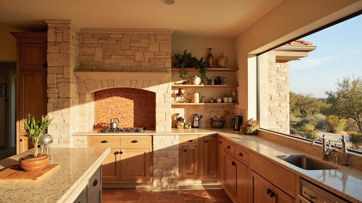 Warm San Antonio kitchen with limestone accents, terracotta backsplash, and natural oak cabinetry