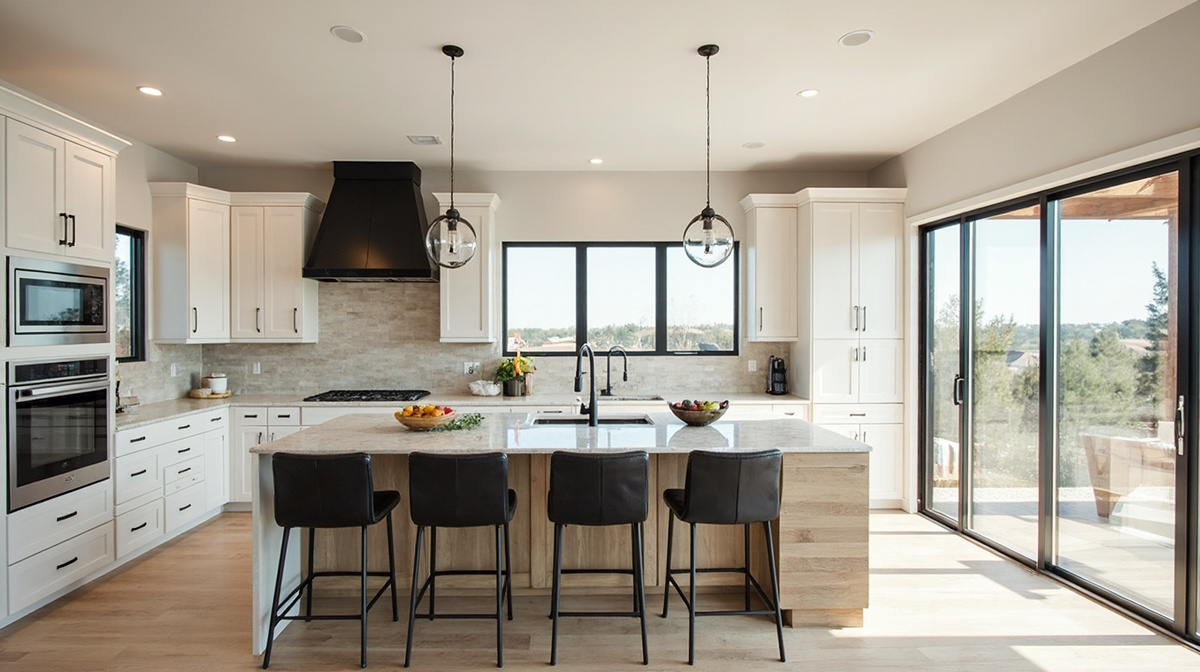 Contemporary Dallas kitchen with white oak cabinetry, black metal accents, and an oversized island