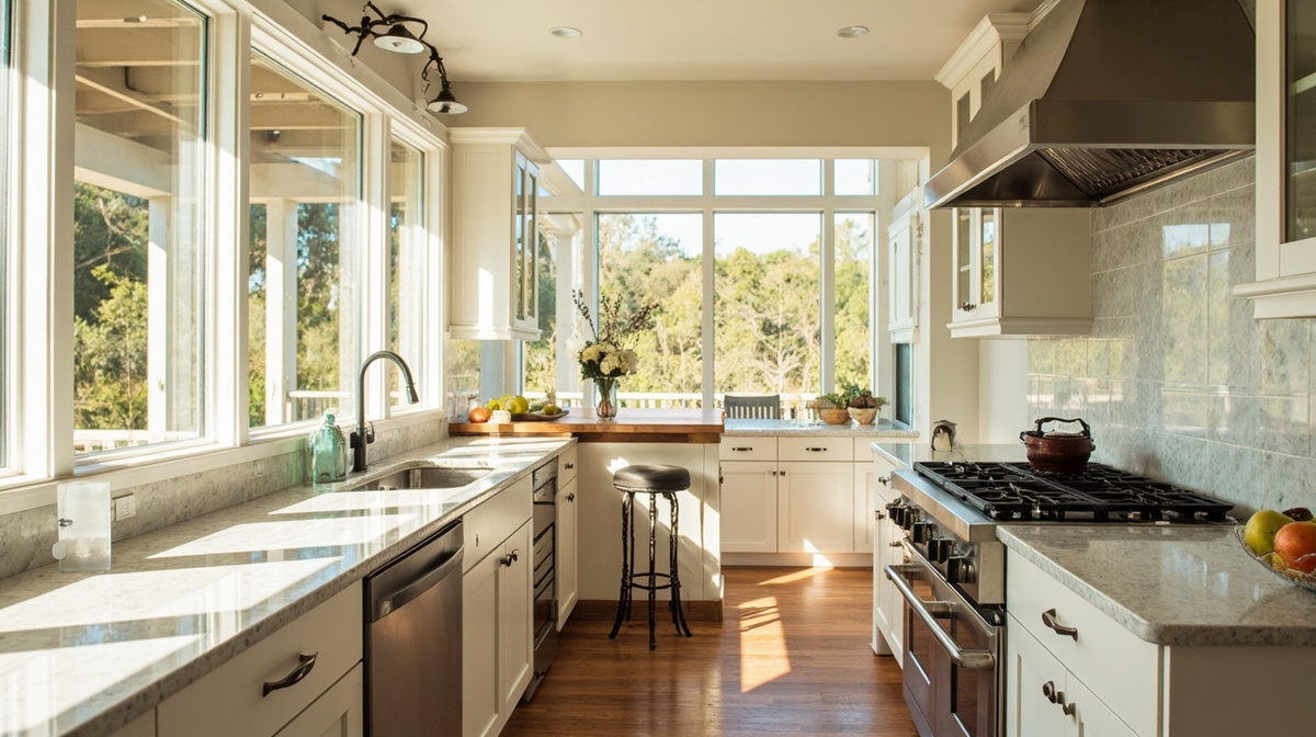 Upscale Houston kitchen with durable cabinetry, quartz counters, strong ventilation, and warm Gulf Coast daylight