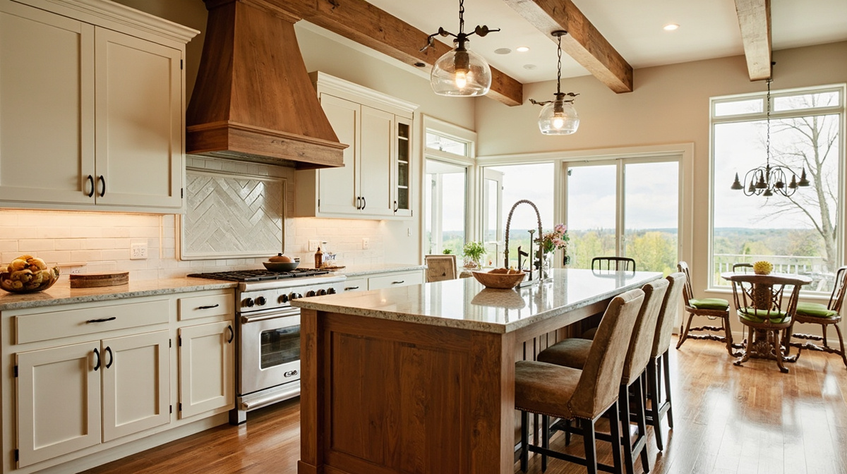 Warm transitional Atlanta kitchen with natural wood, painted cabinetry, and a generous island