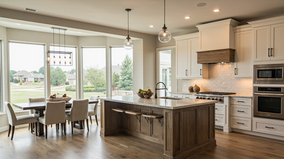 Polished Plano suburban kitchen with light cabinetry, practical family island, and warm wood accents