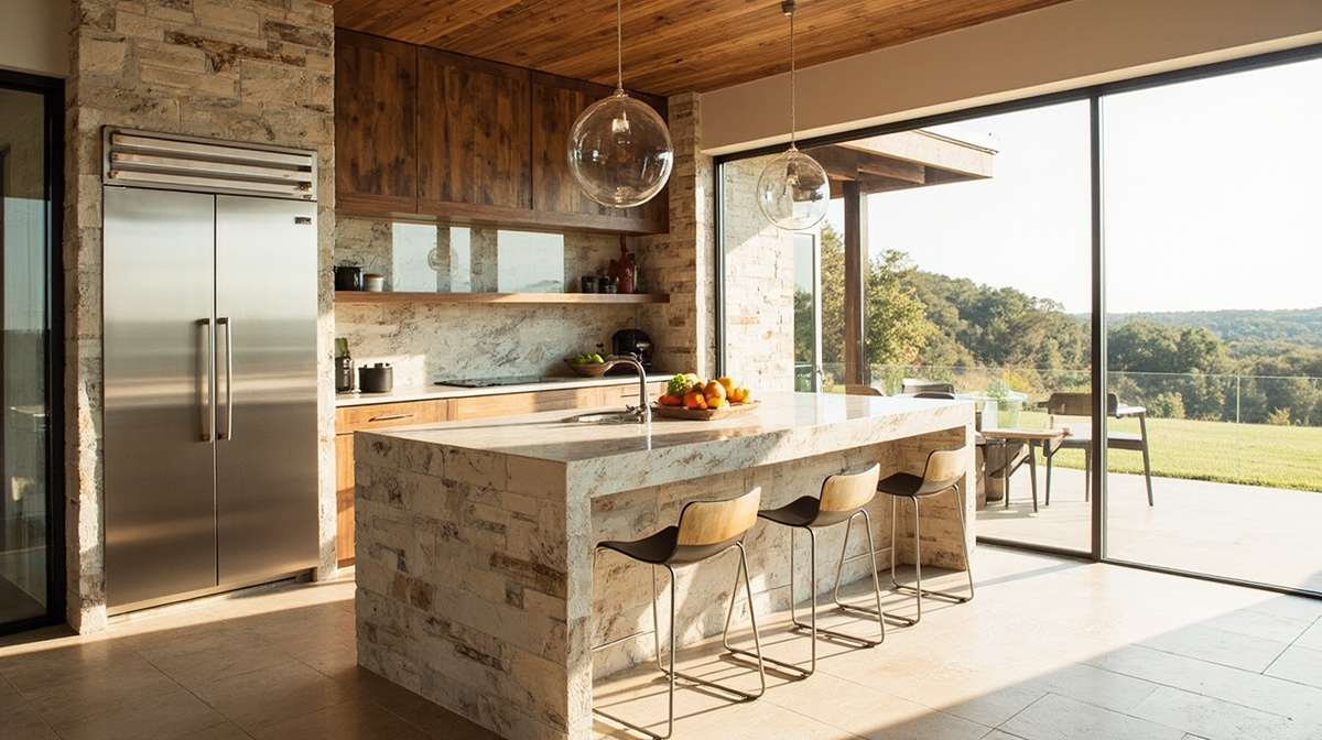 Modern Austin Hill Country kitchen with natural stone, warm wood, minimalist cabinetry, and indoor-outdoor light