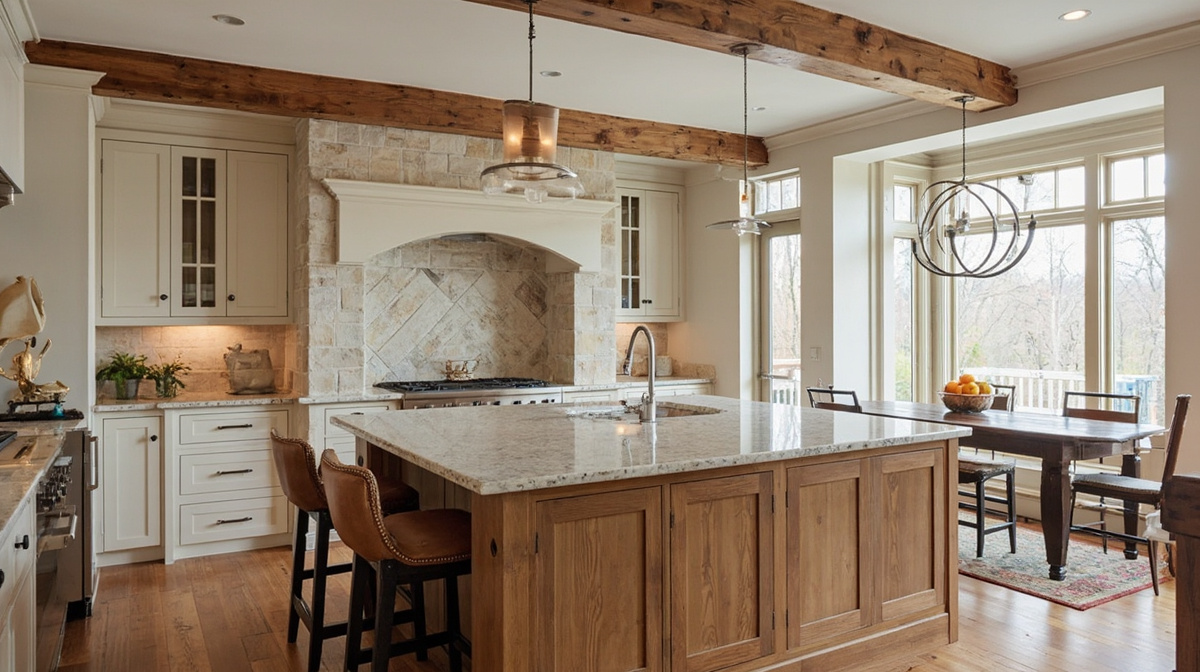 Historic Princeton kitchen remodel blending traditional architecture, modern cabinetry, natural wood, and stone