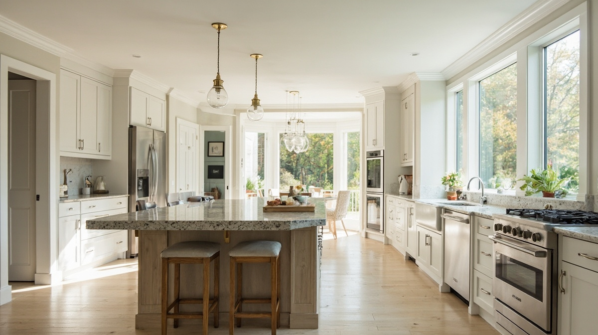 Elegant Bethesda kitchen remodel with white oak cabinetry, refined stone island, and soft DC-area daylight