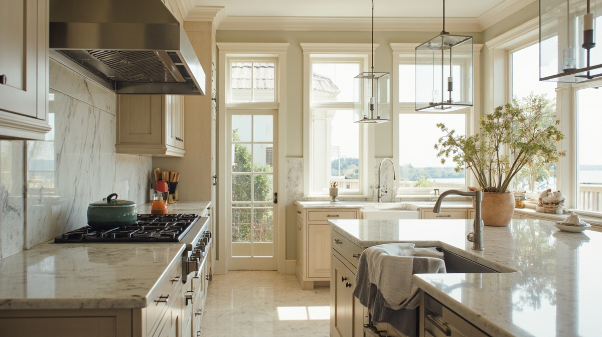Luxury Greenwich coastal kitchen renovation with custom cabinetry, pale oak, elegant stone, and airy daylight