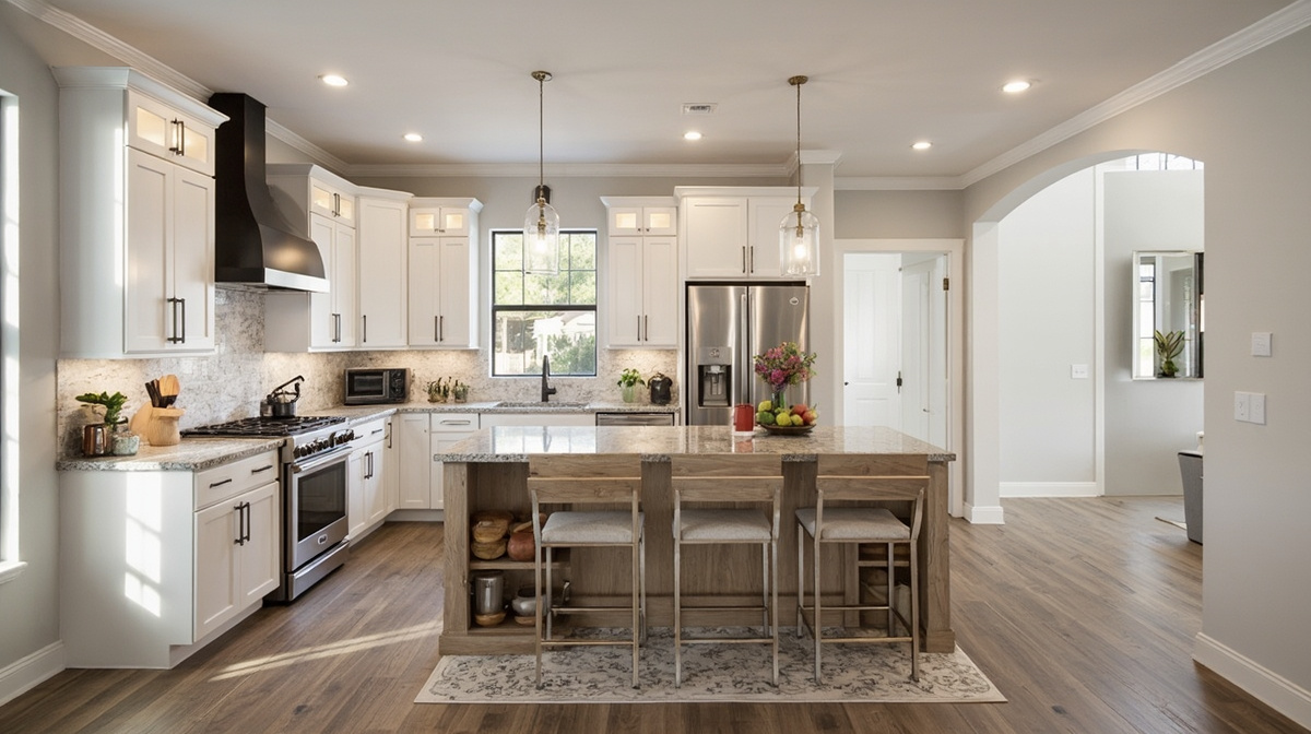 Plano kitchen remodel contractor guide illustrated by a spacious suburban kitchen with plans and material samples