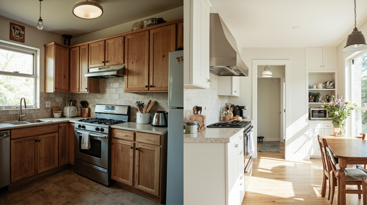 Kitchen renovation before-and-after comparison showing a dated space transitioning to a bright modern kitchen