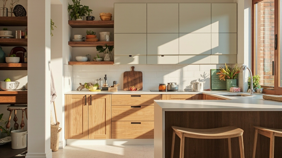 Small kitchen remodel with clever vertical storage, compact island, bright cabinetry, and warm wood accents