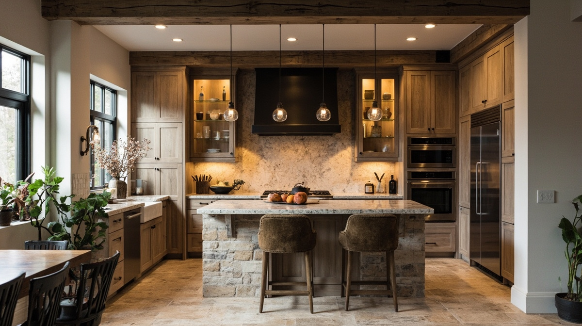 Kitchen renovation ideas featuring layered lighting, mixed materials, custom cabinetry, and stone surfaces