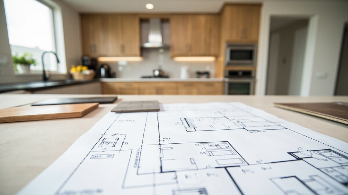 Kitchen remodeling planning scene with a measured floor plan, cabinet samples, and a finished modern kitchen