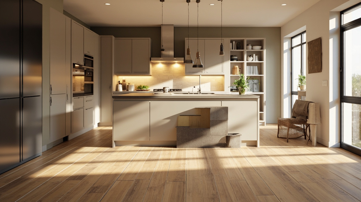 Kitchen renovation decision scene comparing cabinet installation and flooring materials in a warm contemporary kitchen