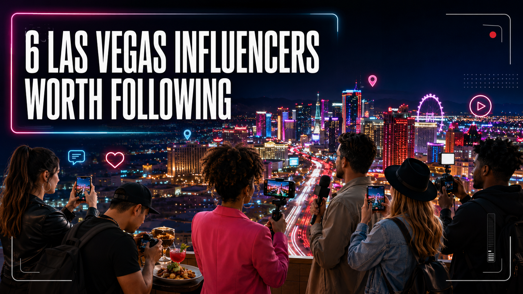 Group of influencers filming and photographing the Las Vegas Strip skyline at night