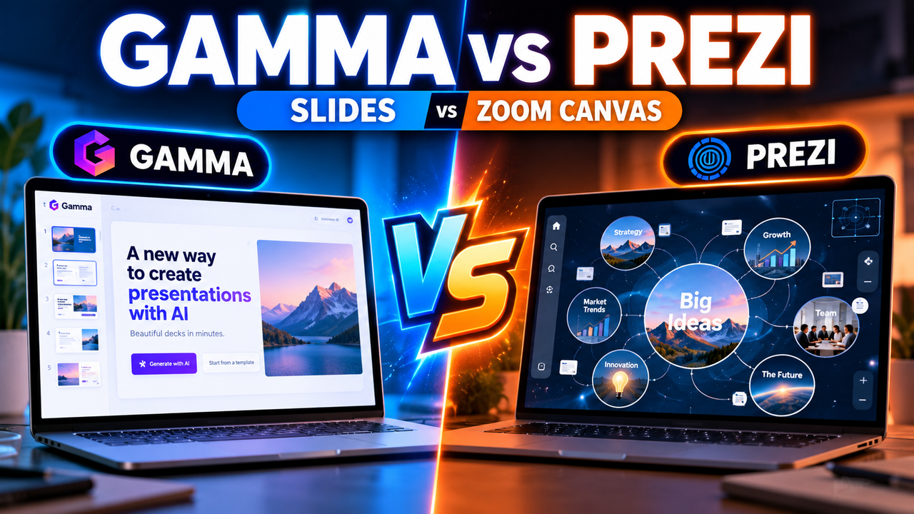 Gamma vs Prezi — AI slide decks compared with Prezi's zoom canvas