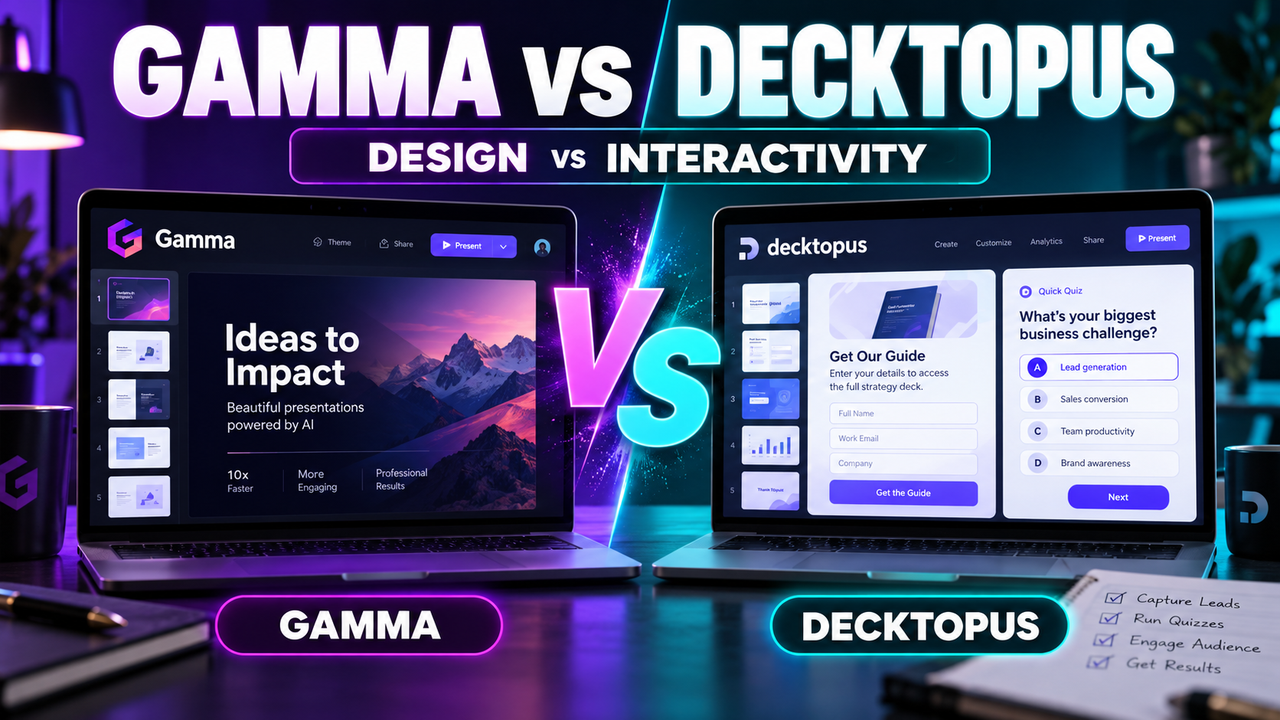 Gamma vs Decktopus — design-led AI decks compared with Decktopus's interactive lead-capture decks