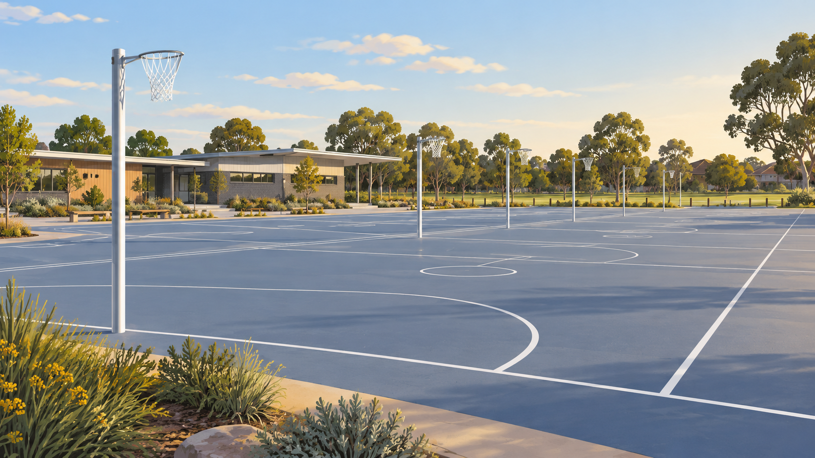 AI illustration of a generic suburban netball court. For reference only; not Jamieson Way Reserve or actual players.