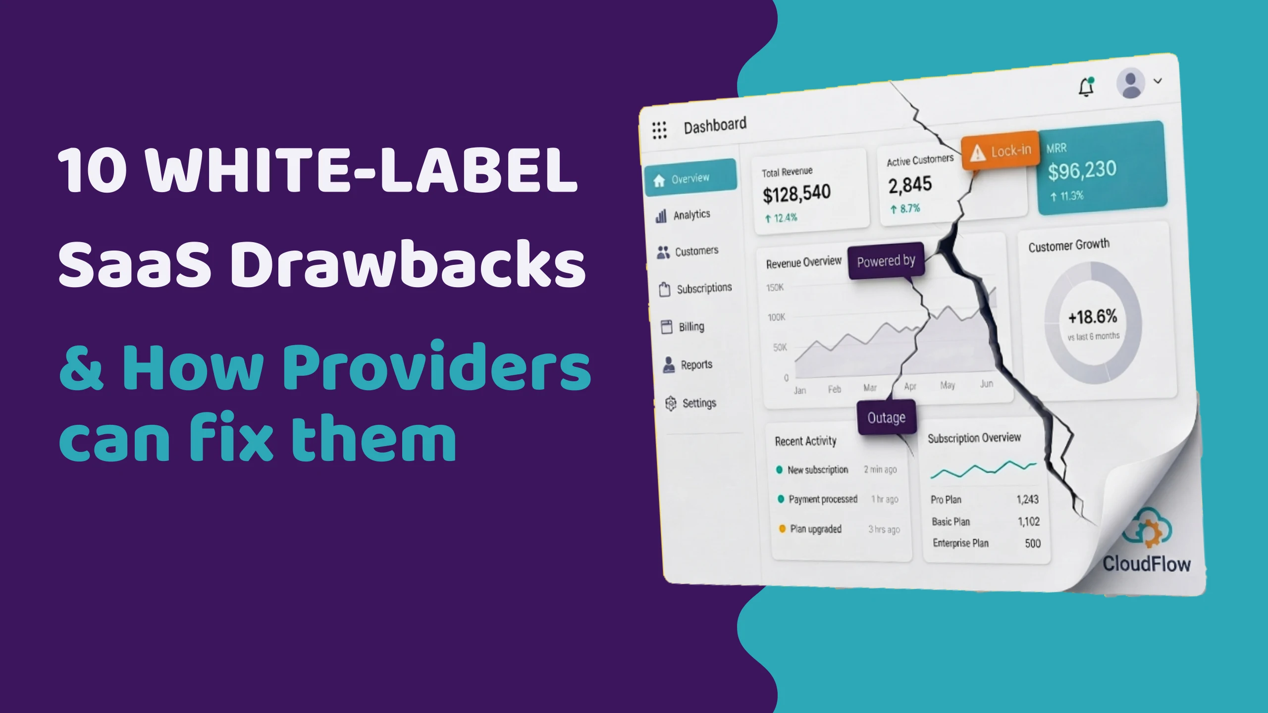 Cracked white label SaaS dashboard with warning badges for lock-in, powered by branding and outages