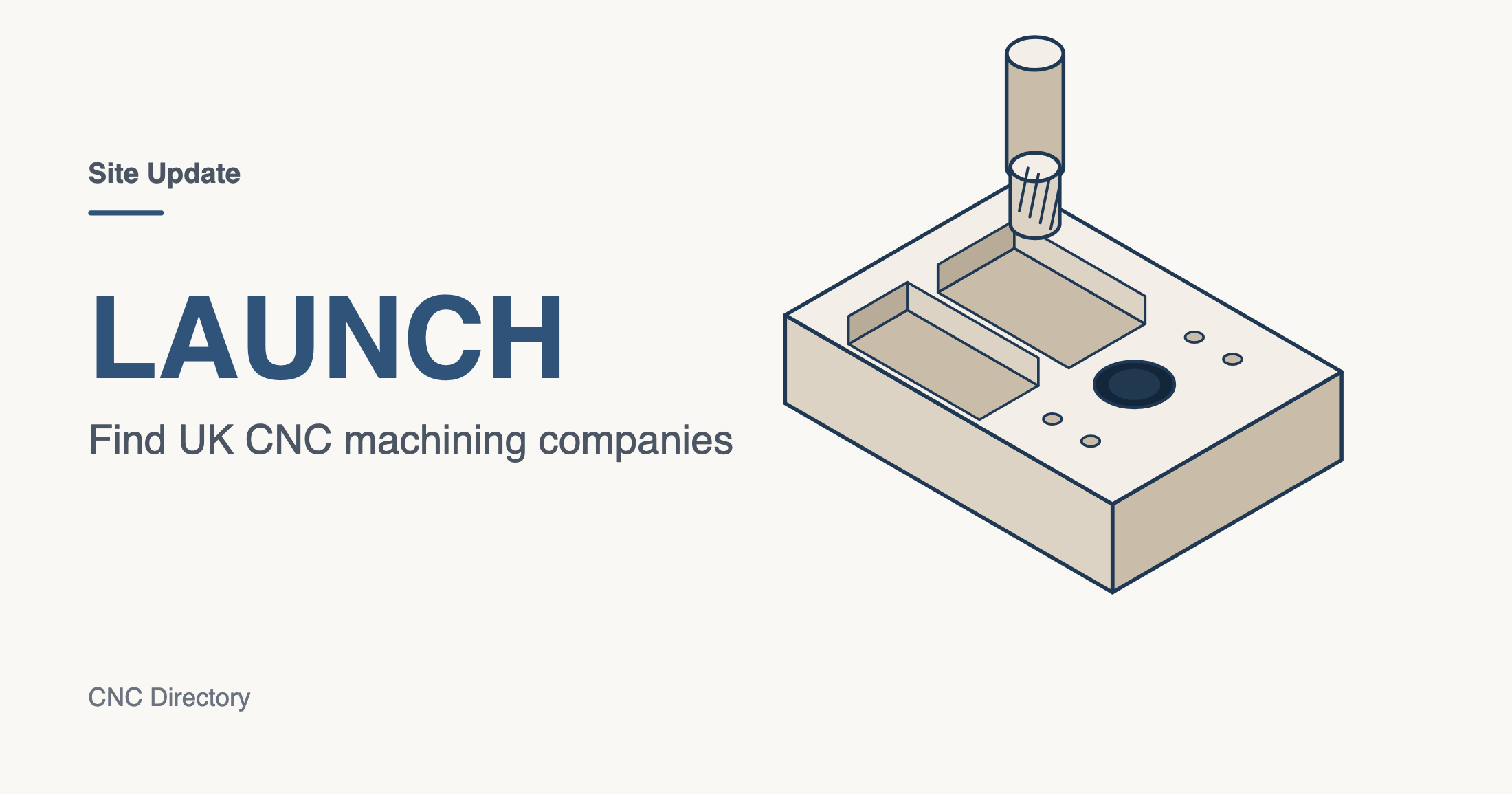 Isometric illustration of a machined aluminium block with an end mill above it, in denim blue and stone