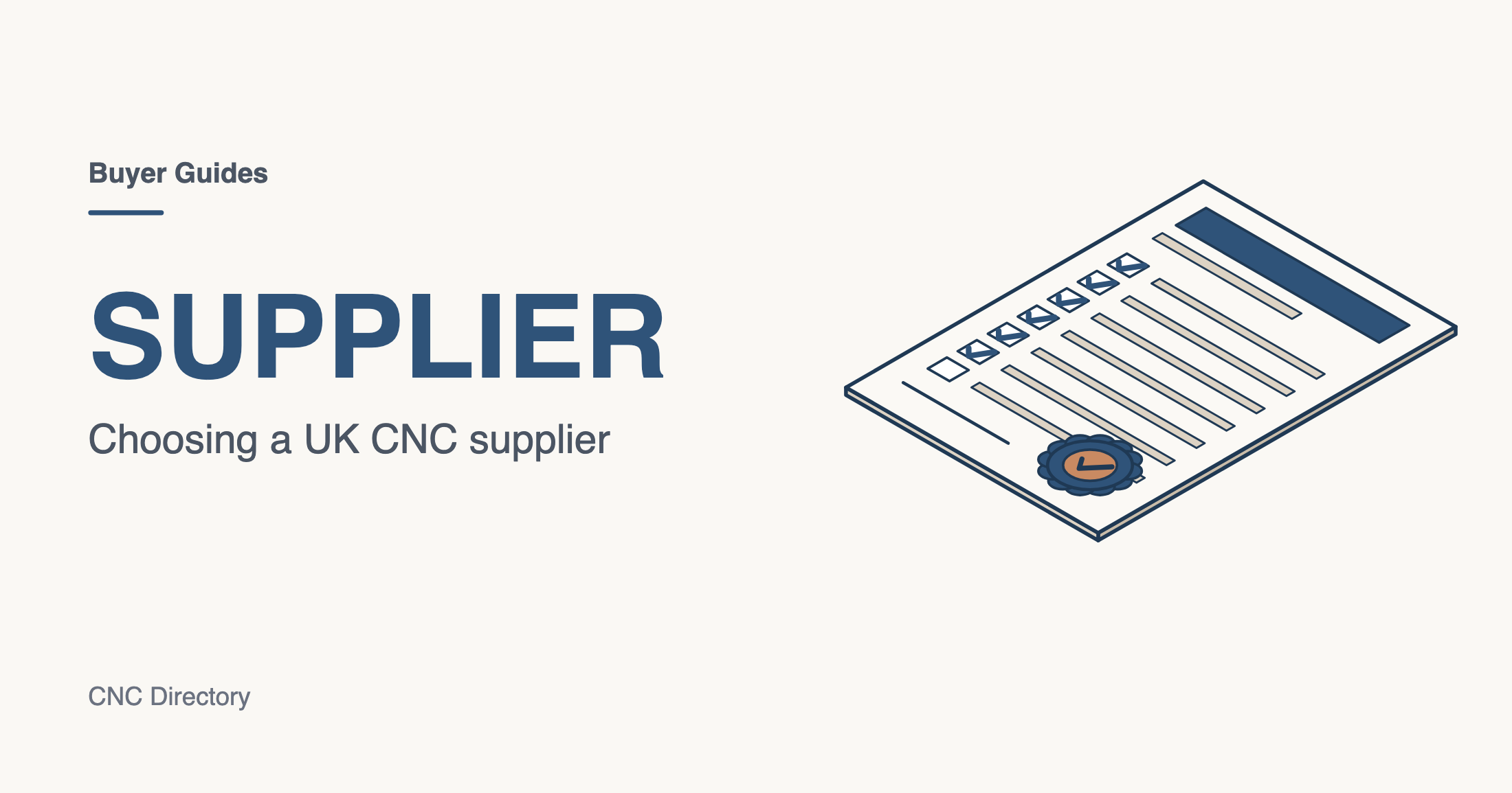 Isometric illustration of a supplier checklist page with ticks and a certification seal, in denim blue and stone