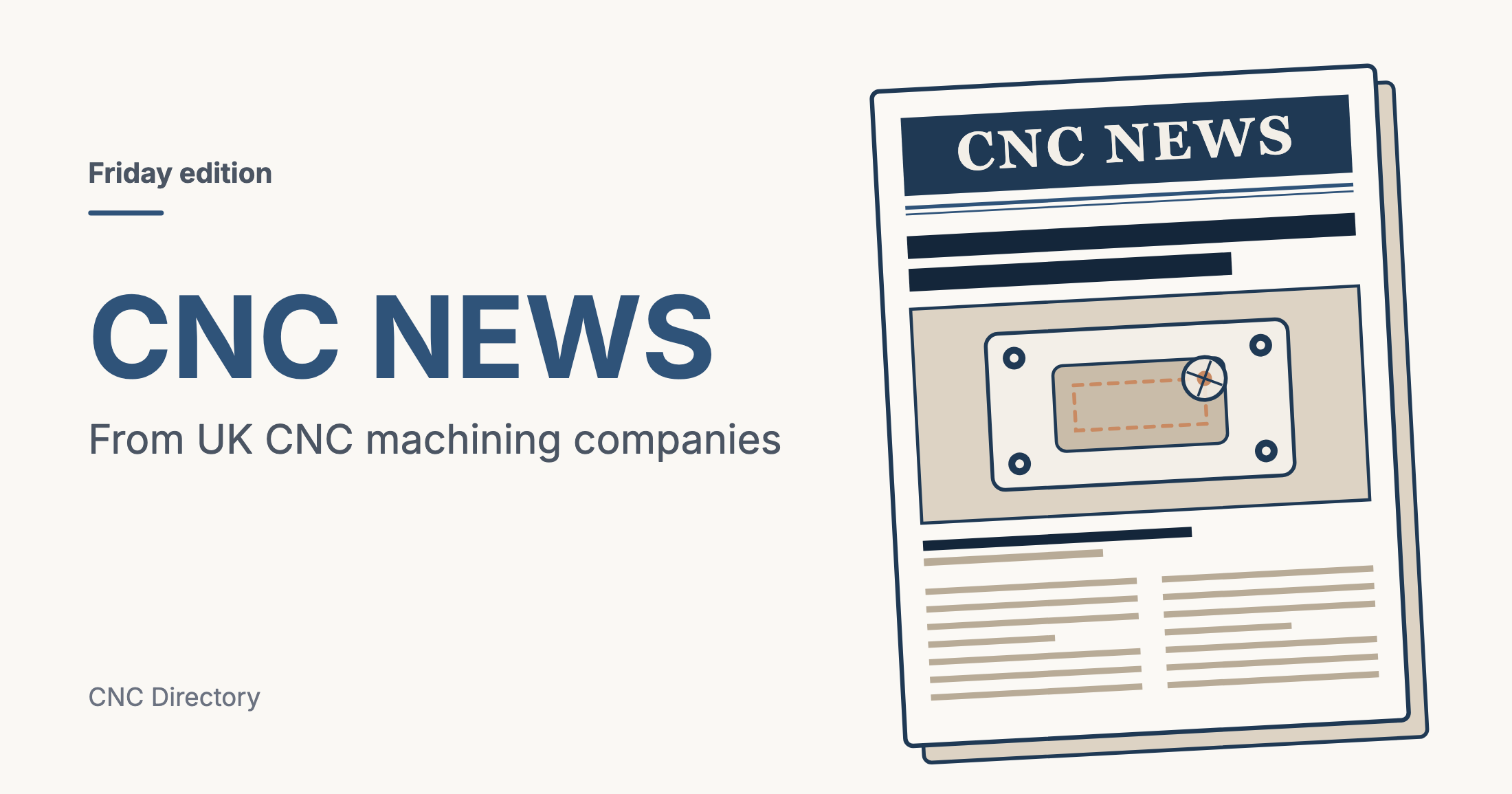 Flat illustration of a newspaper front page headed CNC News, with a photo of a machined aluminium part seen from above, an end mill and a copper toolpath, and columns of text below