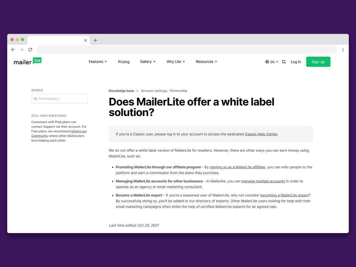 MailerLite Help page stating "We do not offer a white label version of MailerLite for resellers"