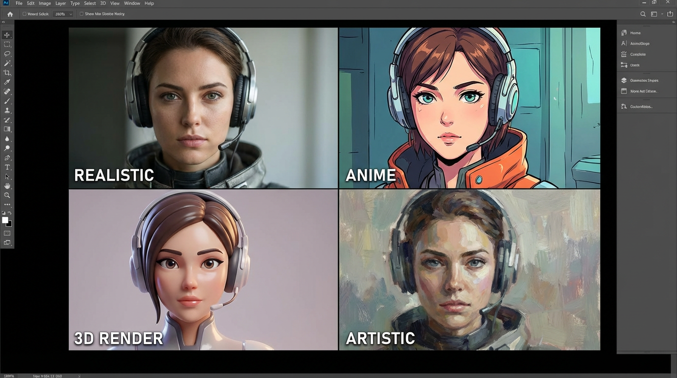 Comparison grid showing different AI generation styles - realistic, anime, 3D, artistic