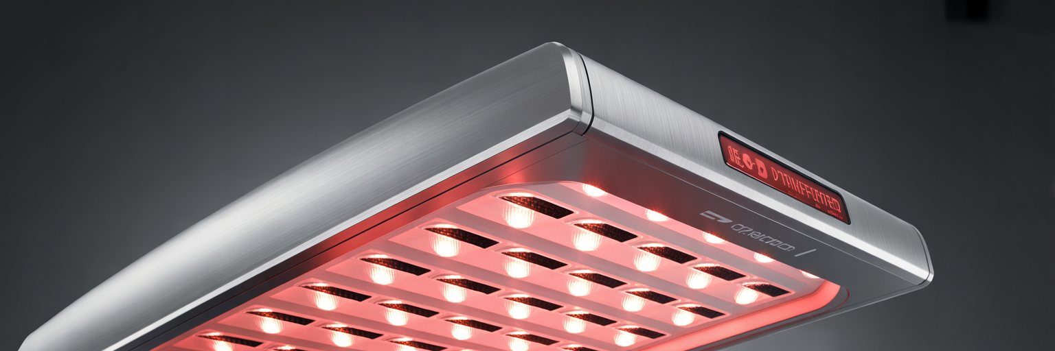 Close-up of red light therapy panel LEDs