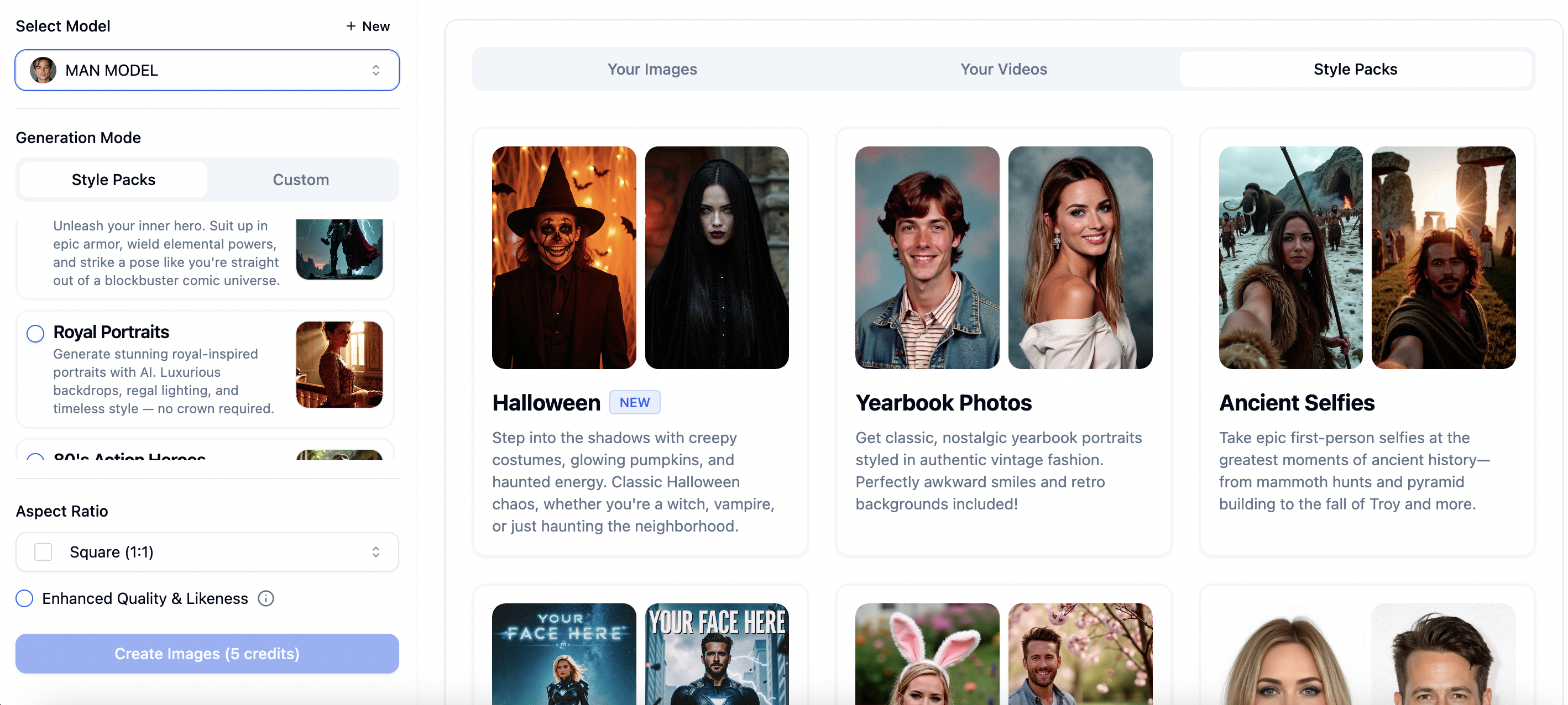 PersonaPixel Imagine feature interface showing 35+ style pack options for AI headshot generation