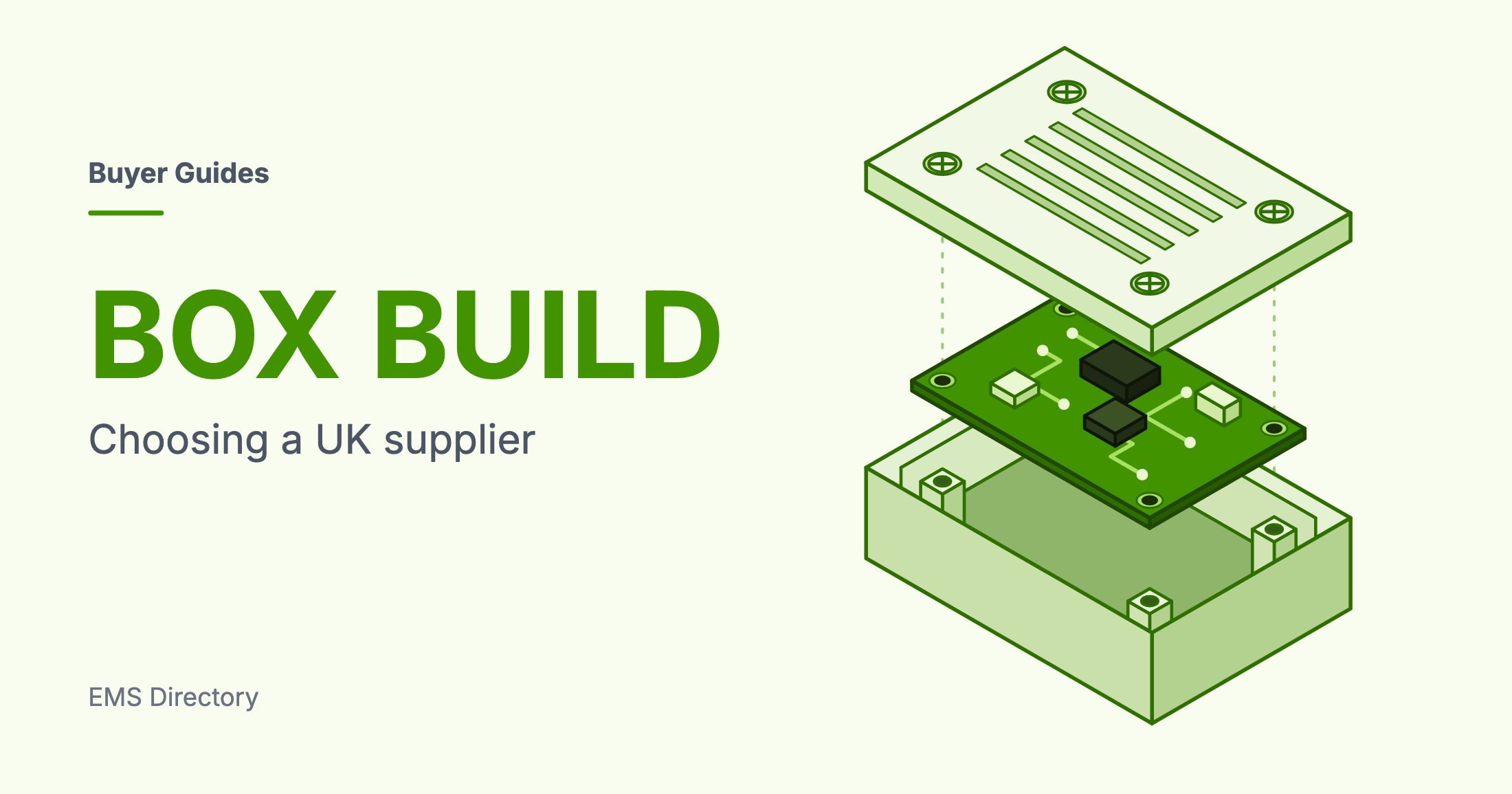 Exploded view of a box build: enclosure lid with screws, circuit board with mounting holes, and enclosure tray with screw posts