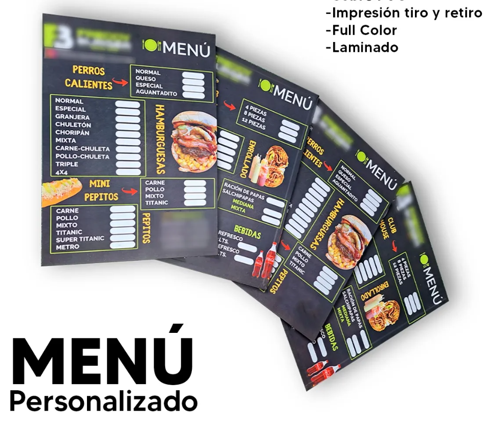 SERVICIO DE IMPRESIÓN Y DISEÑO DE MENÚS $199