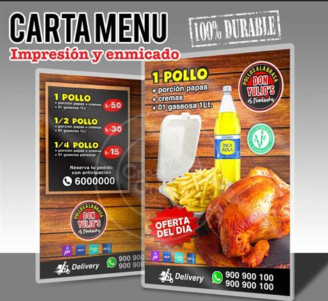 SERVICIO DE IMPRESIÓN Y DISEÑO DE MENÚS $199