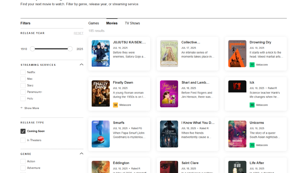 Metacritic’s Upcoming Movie Page