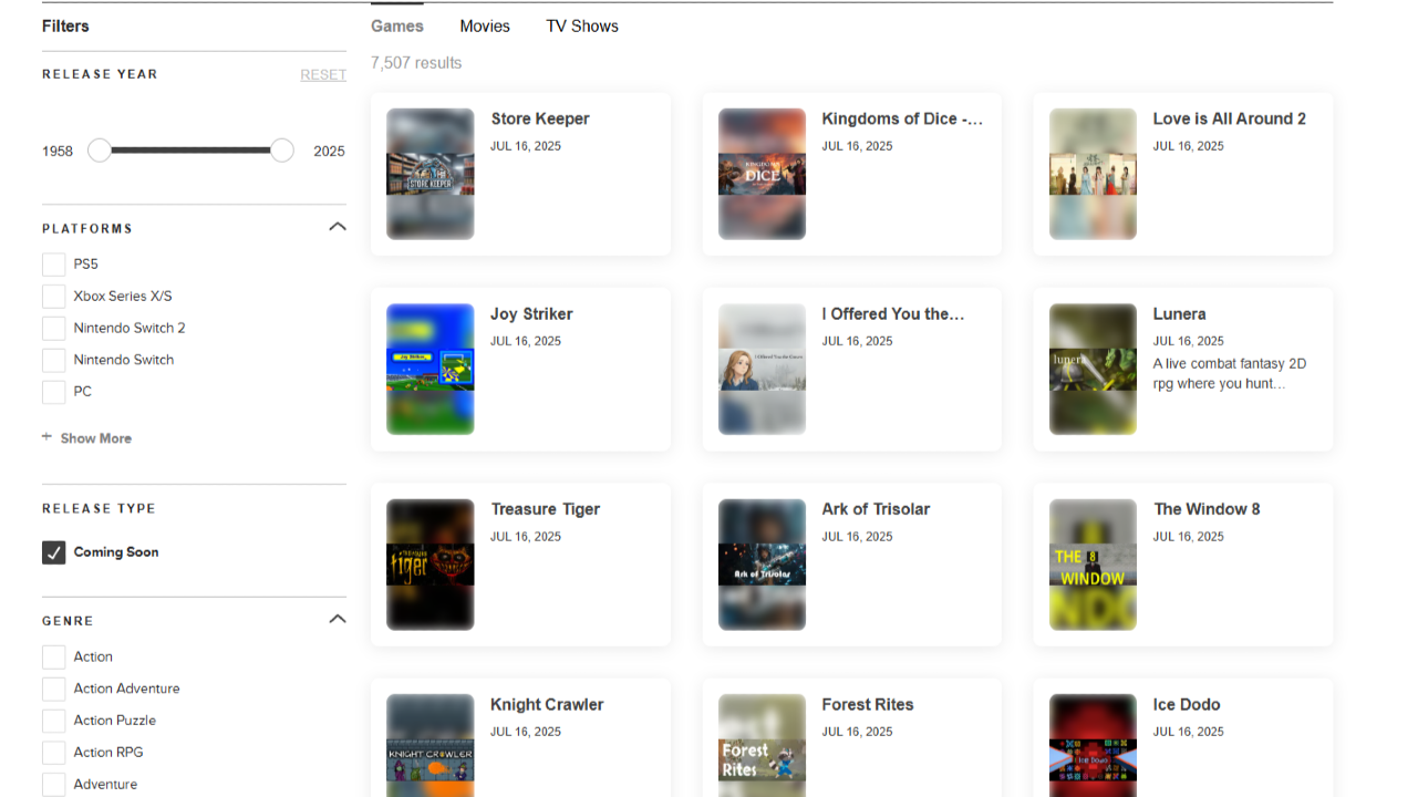 Metacritic’s Upcoming Game Page