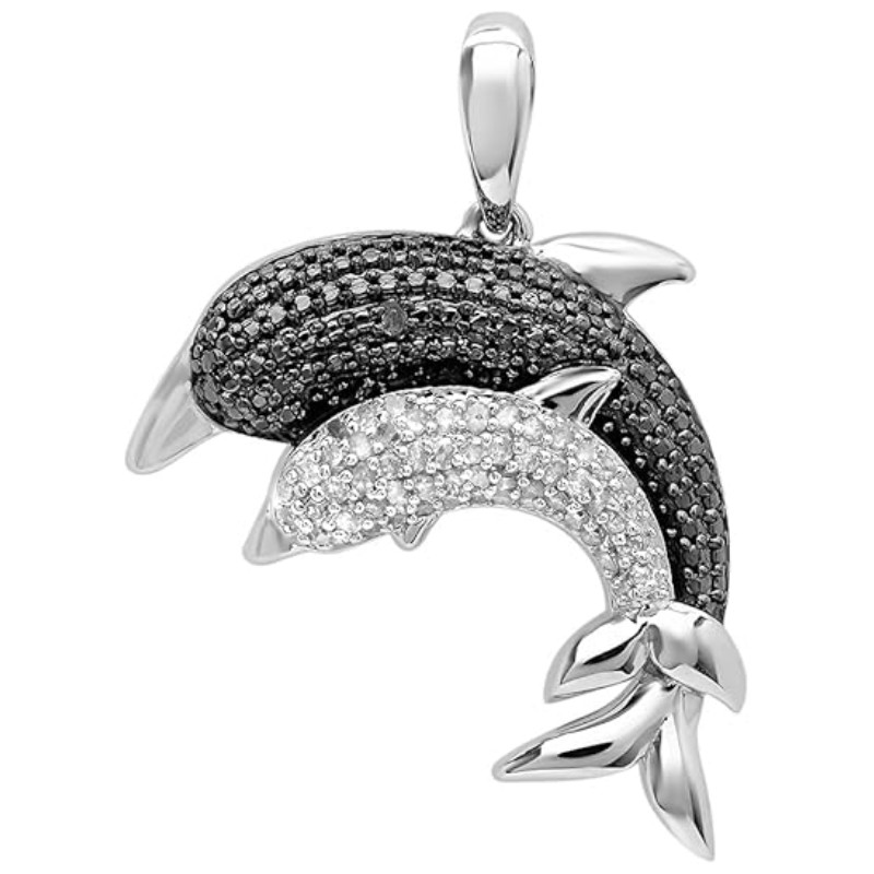 Double Dolphin White & Black Diamond Pendant