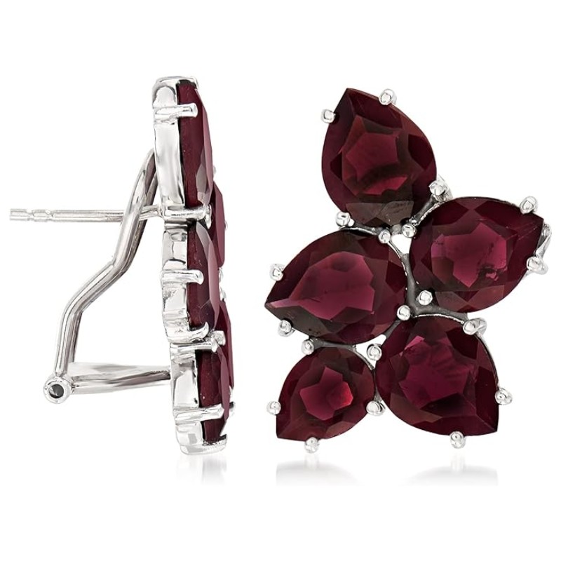 Garnet Cluster Drop Earrings Silver