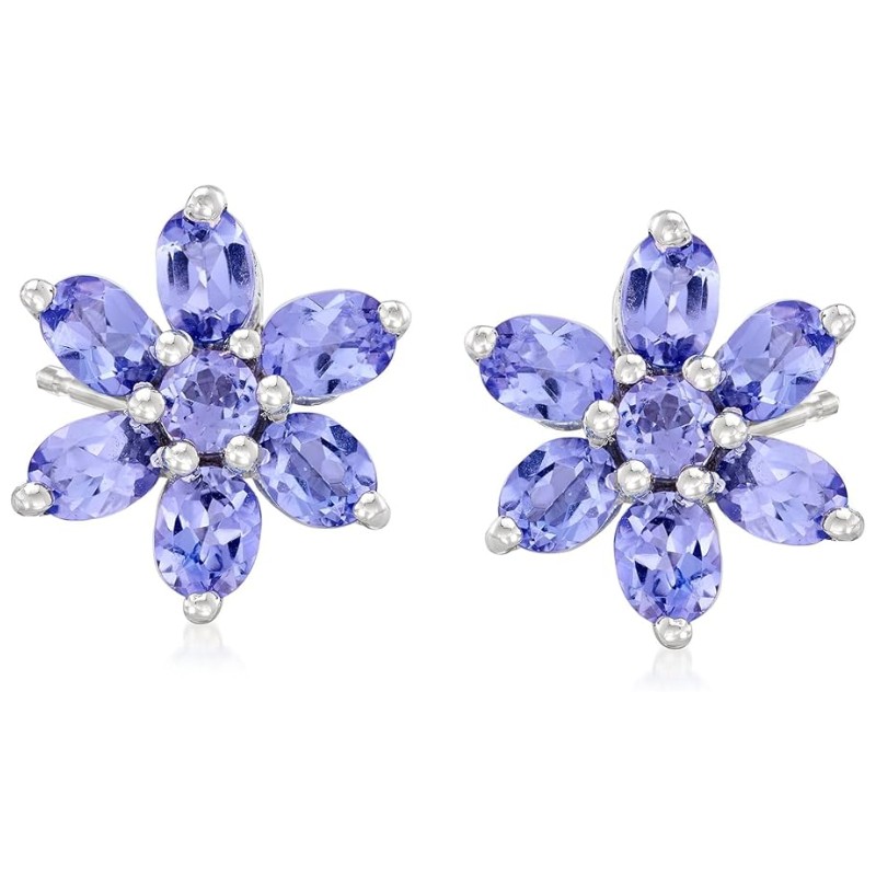Tanzanite Flower Stud Earrings Silver